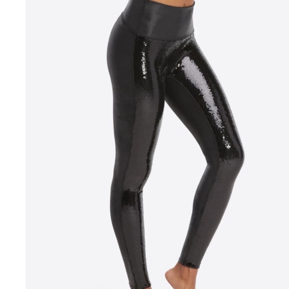 Spanx Sequin Leggings Black Sequin Faux Leather Legging size  L Large